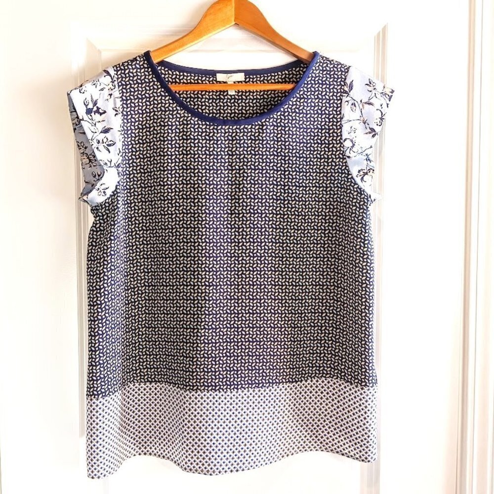 Joie Blue Tan Floral Geometric Print Silk Cap Sleeve Top